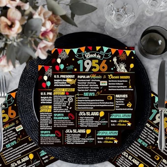 PACK OF 50 NAPKINS 70TH BIRTHDAY MAN WOMAN DECORATION 70TH BIRTHDAY NAPKINS BLACK GOLD FOR MEN AND WOMEN, 1956 PAPER HANDKERCHIEFS HANDKERCHIEFS PARTY DECORATION - Image 4